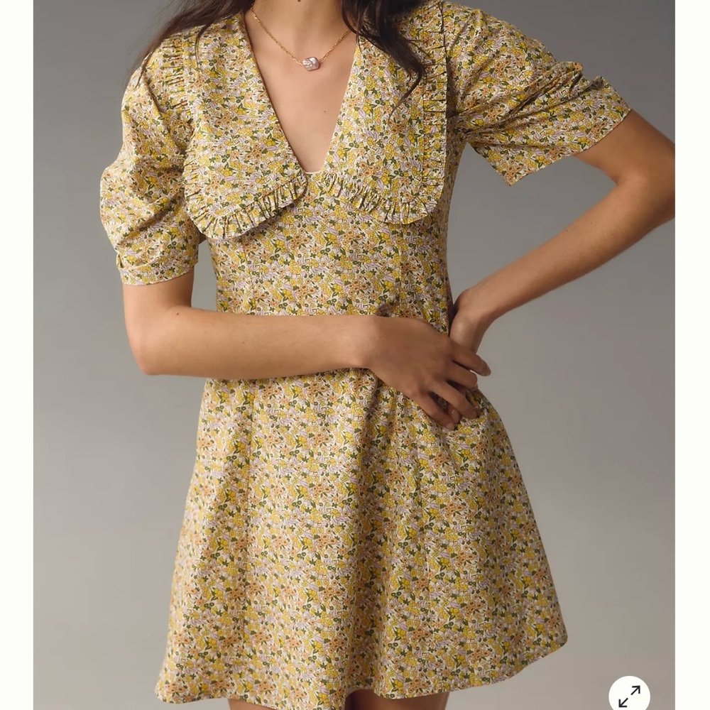 NEW Anthropologie Short-Sleeve Collared Printed Mini Dress, Yellow, Size 8